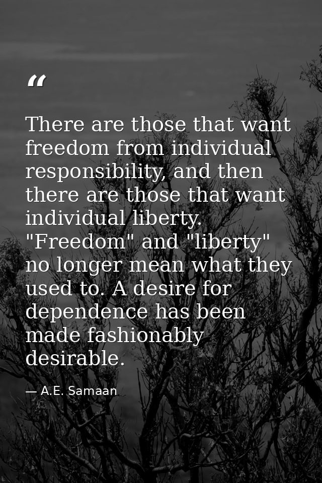 There are those that want freedom from individual responsibility, and then there are those that want individual liberty. — A.E. Samaan