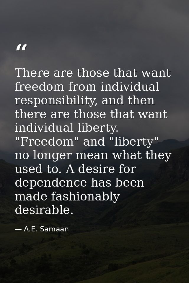 There are those that want freedom from individual responsibility, and then there are those that want individual liberty. — A.E. Samaan