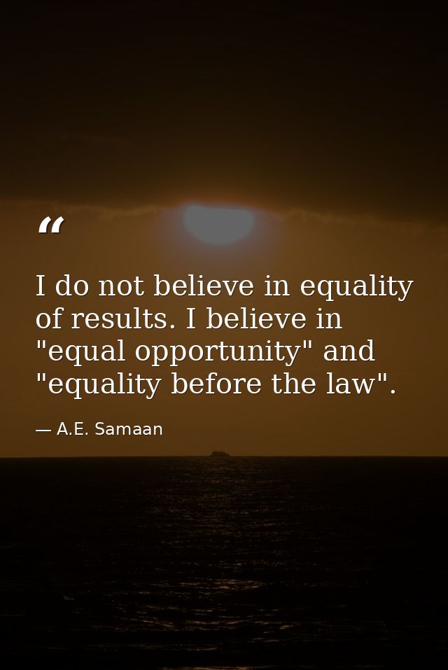 I do not believe in equality of results. I believe in "equal opportunity" and "equality before the law". — A.E. Samaan