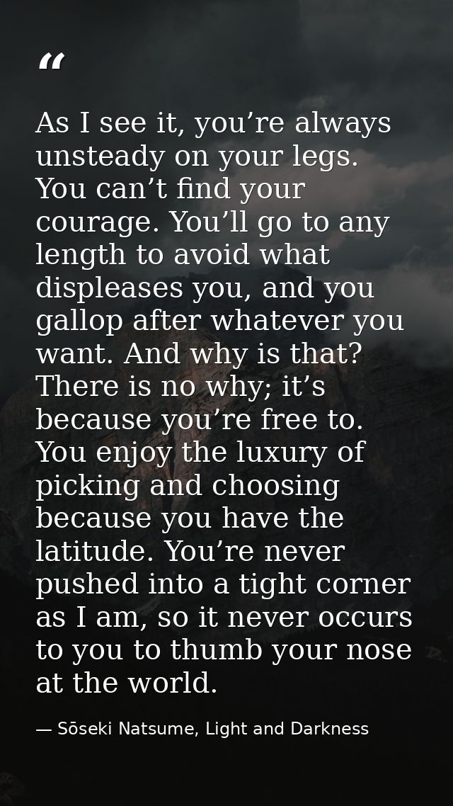 As I see it, you’re always unsteady on your legs. You can’t find your courage. You’ll go to any length to avoid what dis — Sōseki Natsume, Light and Darkness