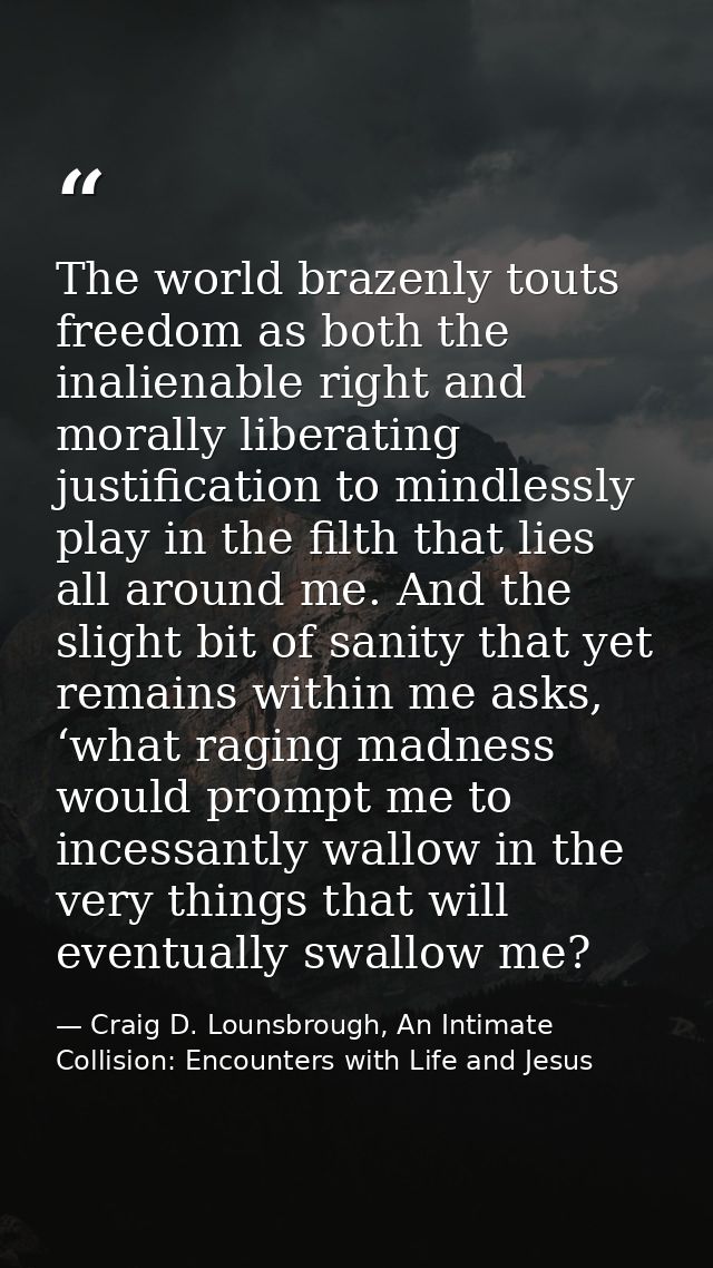 The world brazenly touts freedom as both the inalienable right and morally liberating justification to mindlessly play i — Craig D. Lounsbrough, An Intimate Collision: Encounters with Life and Jesus
