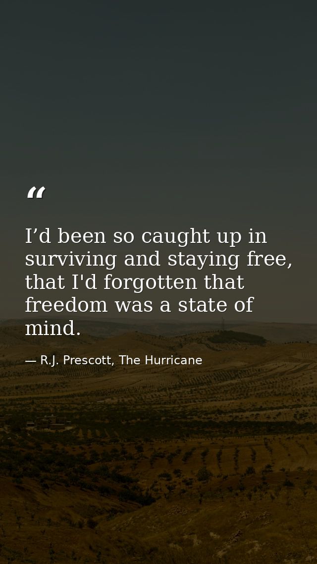 I’d been so caught up in surviving and staying free, that I'd forgotten that freedom was a state of mind. — R.J. Prescott, The Hurricane