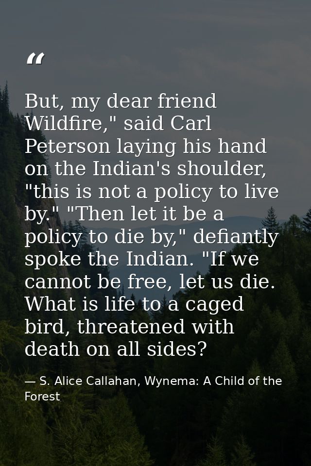 But, my dear friend Wildfire," said Carl Peterson laying his hand on the Indian's shoulder, "this is not a policy to liv — S. Alice Callahan, Wynema: A Child of the Forest