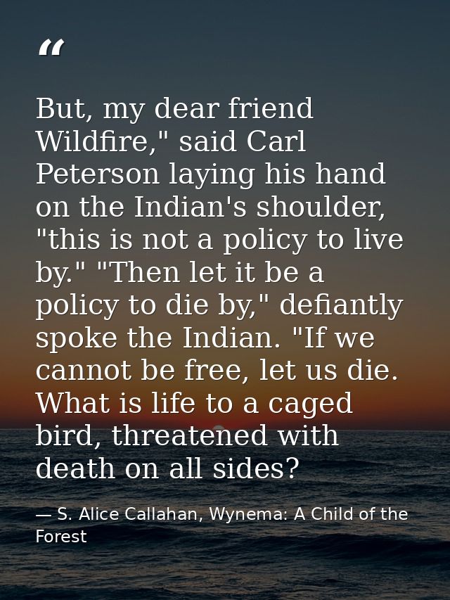 But, my dear friend Wildfire," said Carl Peterson laying his hand on the Indian's shoulder, "this is not a policy to liv — S. Alice Callahan, Wynema: A Child of the Forest