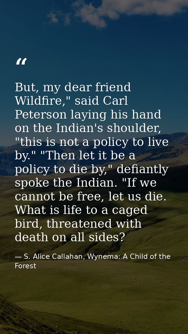 But, my dear friend Wildfire," said Carl Peterson laying his hand on the Indian's shoulder, "this is not a policy to liv — S. Alice Callahan, Wynema: A Child of the Forest