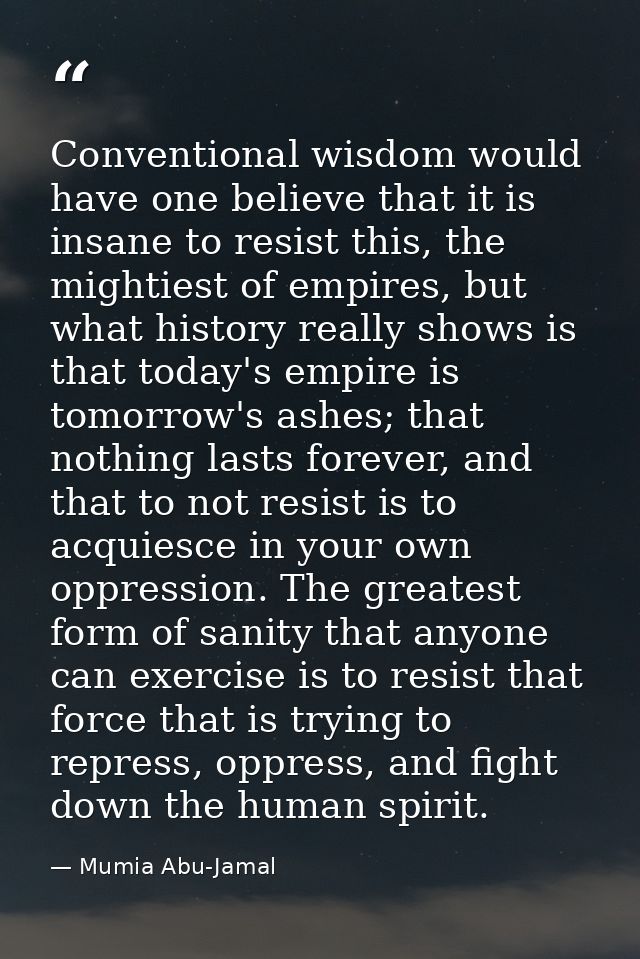 Conventional wisdom would have one believe that it is insane to resist this, the mightiest of empires, but what history  — Mumia Abu-Jamal