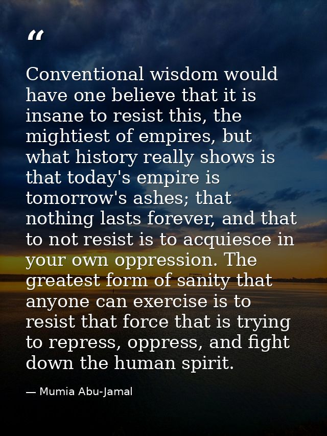Conventional wisdom would have one believe that it is insane to resist this, the mightiest of empires, but what history  — Mumia Abu-Jamal