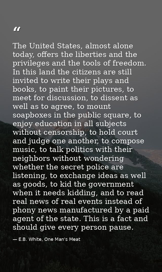 The United States, almost alone today, offers the liberties and the privileges and the tools of freedom. In this land th — E.B. White, One Man's Meat