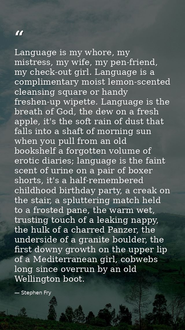 Language is my whore, my mistress, my wife, my pen-friend, my check-out girl. Language is a complimentary moist lemon-sc — Stephen Fry