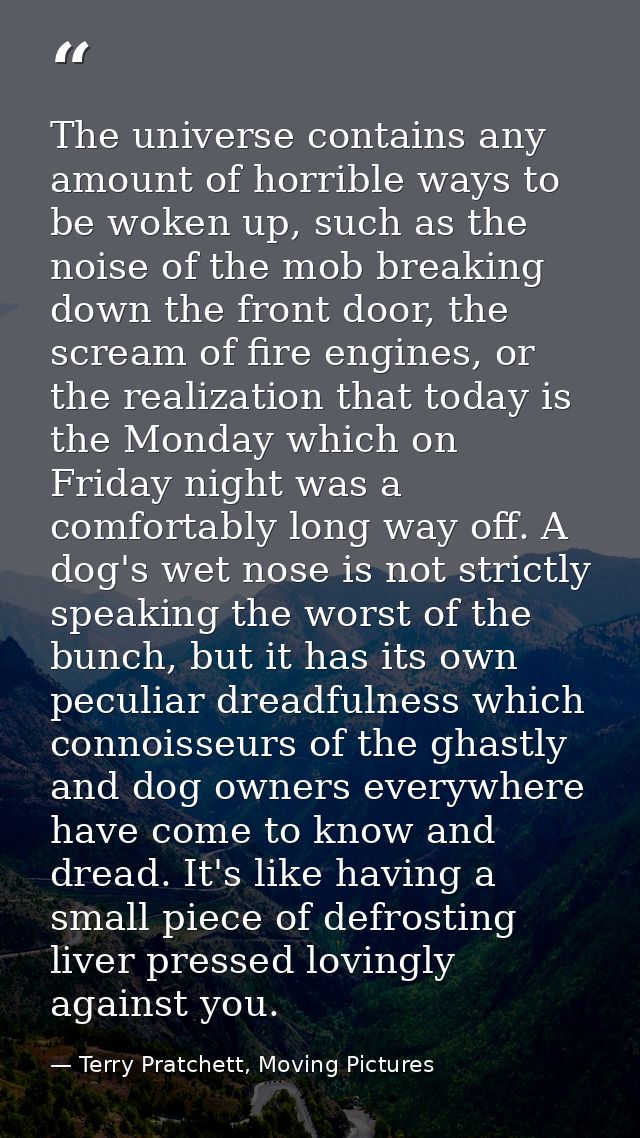 The universe contains any amount of horrible ways to be woken up, such as the noise of the mob breaking down the front d — Terry Pratchett, Moving Pictures