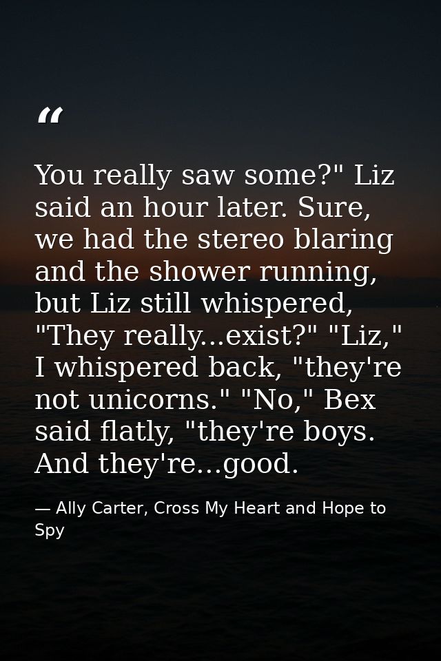 You really saw some?" Liz said an hour later. Sure, we had the stereo blaring and the shower running, but Liz still whis — Ally Carter, Cross My Heart and Hope to Spy