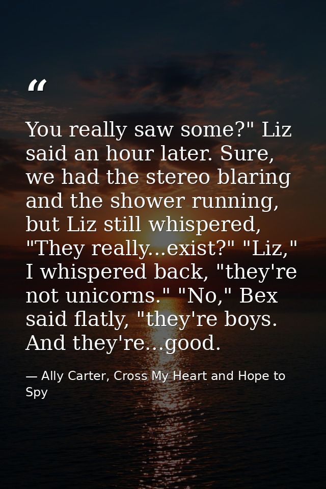You really saw some?" Liz said an hour later. Sure, we had the stereo blaring and the shower running, but Liz still whis — Ally Carter, Cross My Heart and Hope to Spy