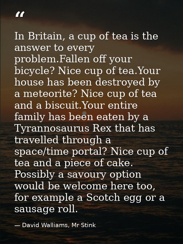 In Britain, a cup of tea is the answer to every problem.Fallen off your bicycle? Nice cup of tea.Your house has been des — David Walliams, Mr Stink
