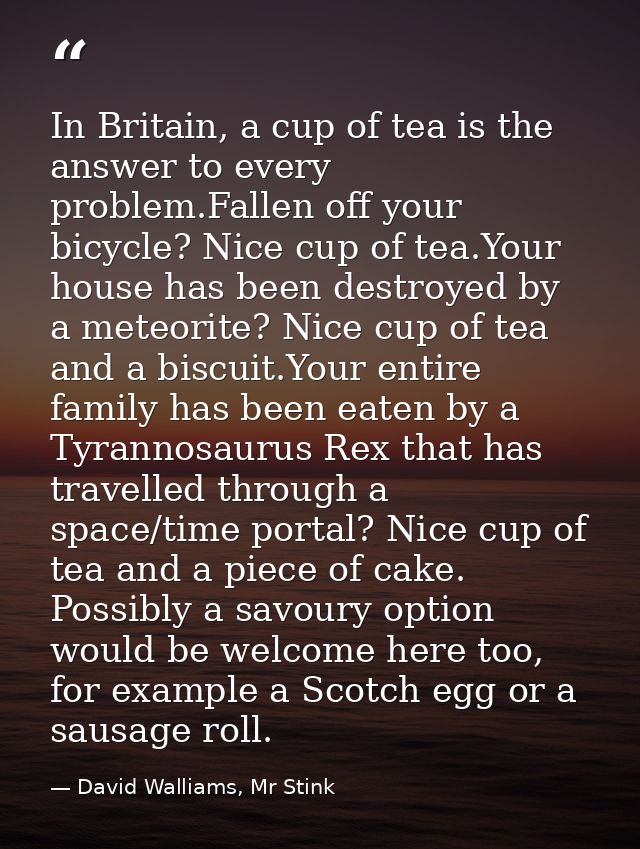 In Britain, a cup of tea is the answer to every problem.Fallen off your bicycle? Nice cup of tea.Your house has been des — David Walliams, Mr Stink