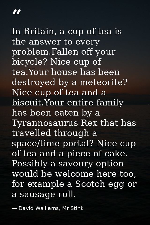 In Britain, a cup of tea is the answer to every problem.Fallen off your bicycle? Nice cup of tea.Your house has been des — David Walliams, Mr Stink