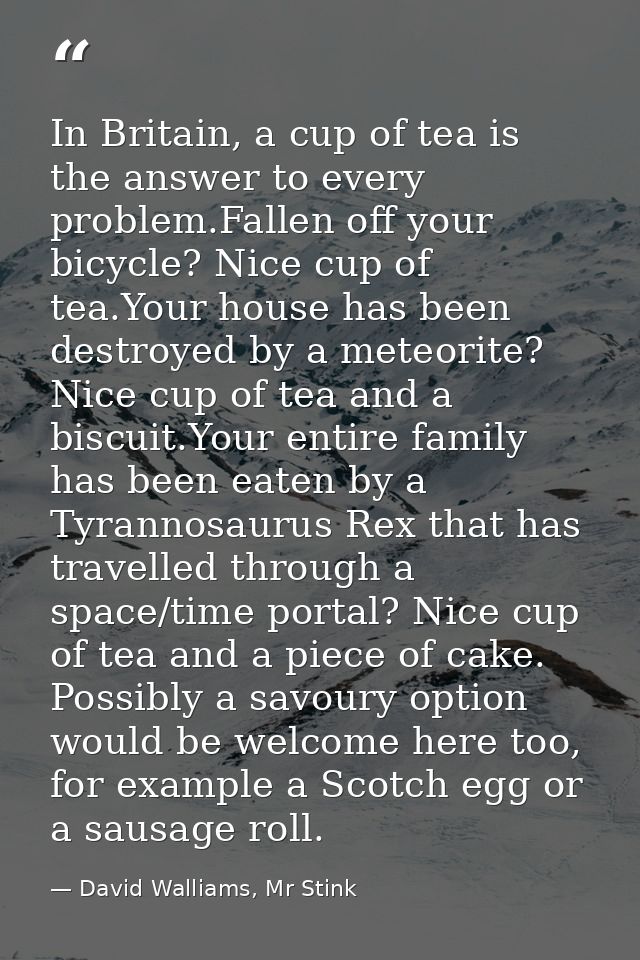 In Britain, a cup of tea is the answer to every problem.Fallen off your bicycle? Nice cup of tea.Your house has been des — David Walliams, Mr Stink