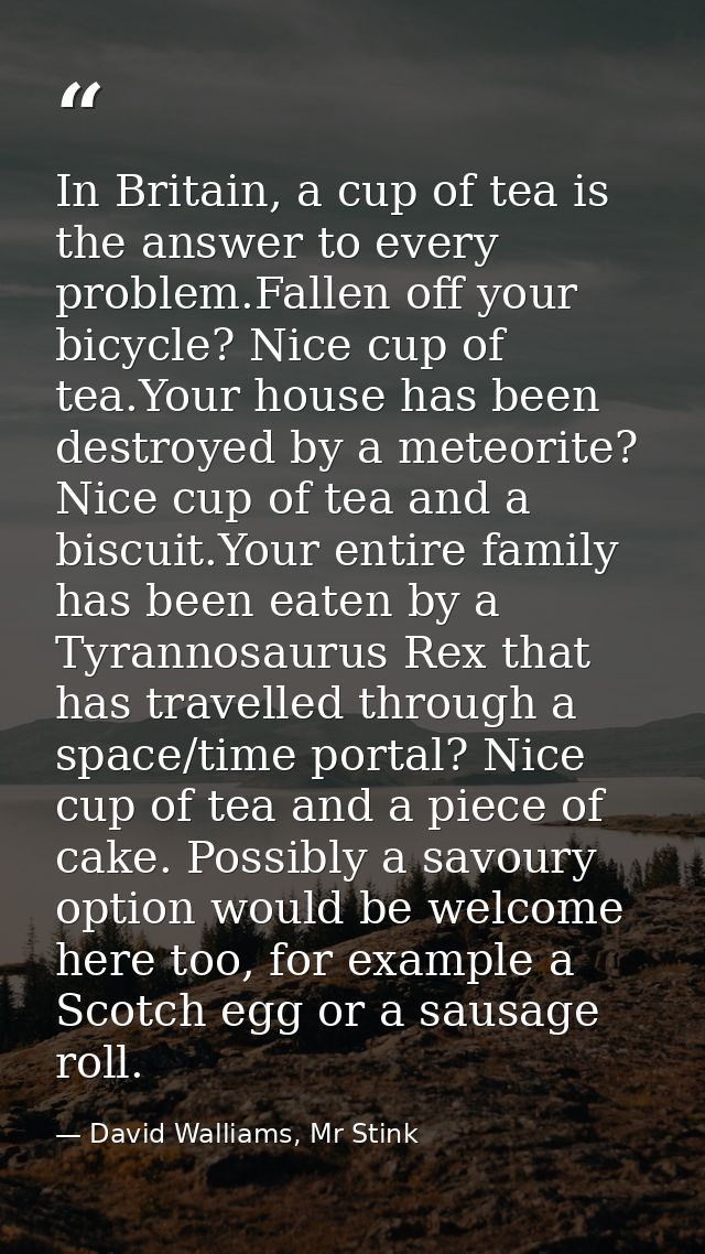 In Britain, a cup of tea is the answer to every problem.Fallen off your bicycle? Nice cup of tea.Your house has been des — David Walliams, Mr Stink