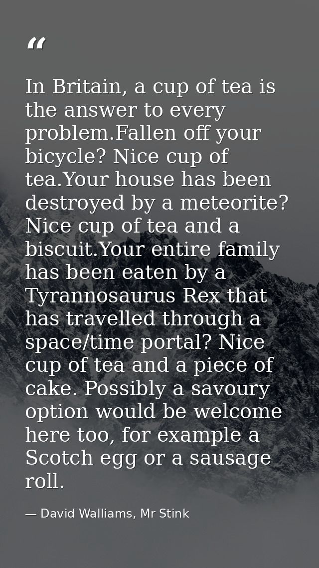 In Britain, a cup of tea is the answer to every problem.Fallen off your bicycle? Nice cup of tea.Your house has been des — David Walliams, Mr Stink