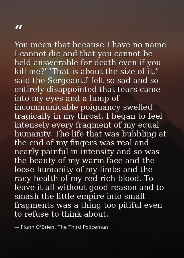 You mean that because I have no name I cannot die and that you cannot be held answerable for death even if you kill me?" — Flann O'Brien, The Third Policeman