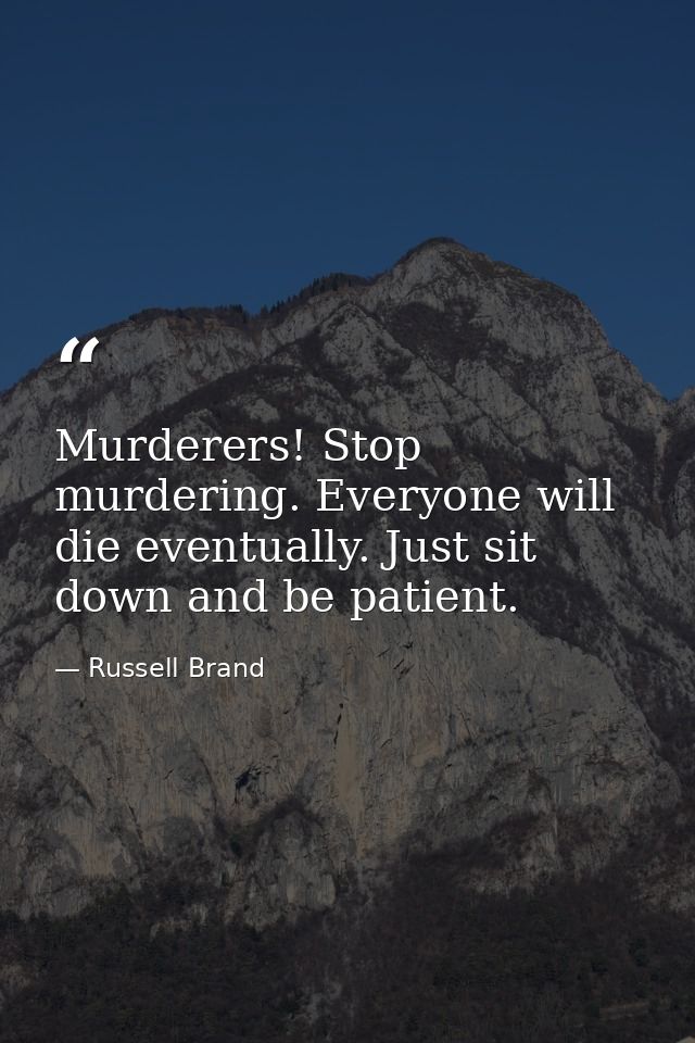 Murderers! Stop murdering. Everyone will die eventually. Just sit down and be patient. — Russell Brand