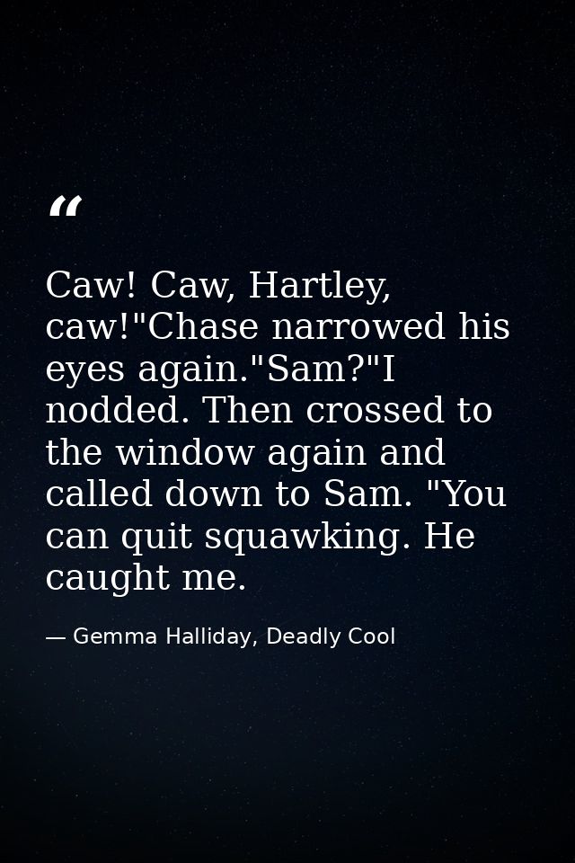 Caw! Caw, Hartley, caw!"Chase narrowed his eyes again."Sam?"I nodded. Then crossed to the window again and called down t — Gemma Halliday, Deadly Cool