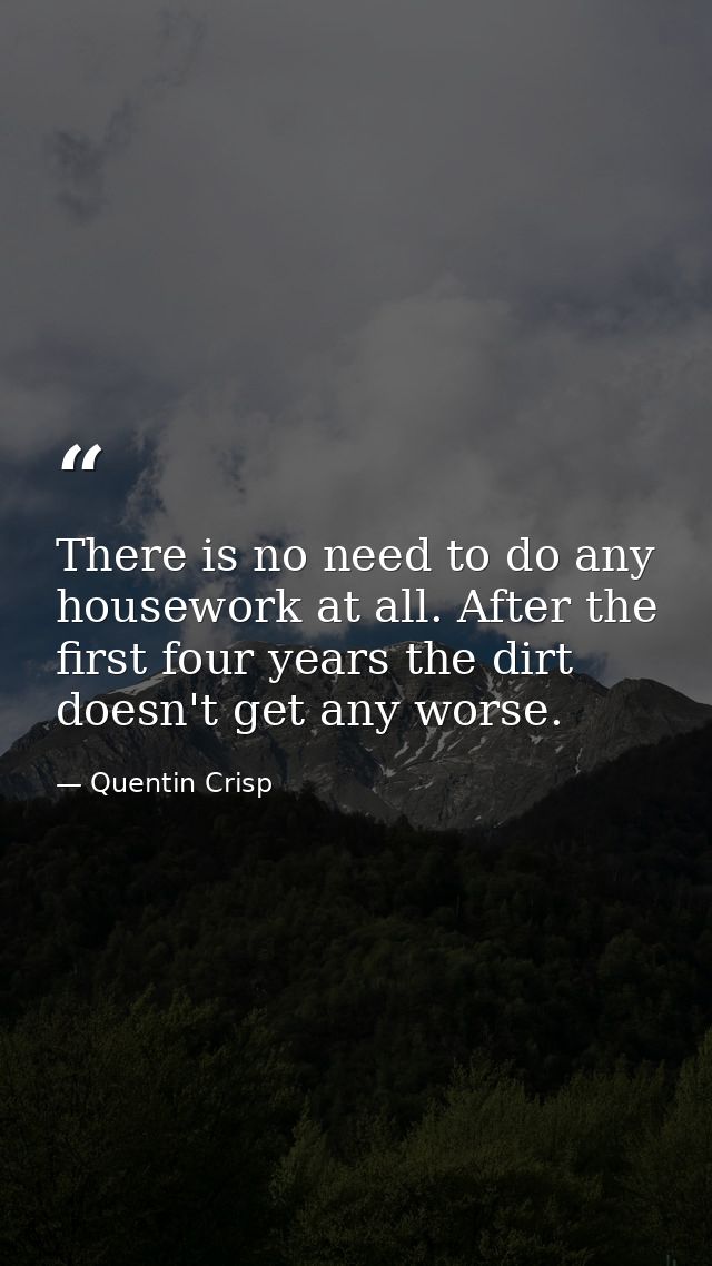 There is no need to do any housework at all. After the first four years the dirt doesn't get any worse. — Quentin Crisp