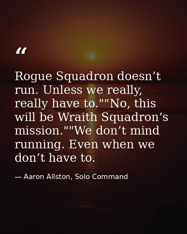 Rogue Squadron doesn’t run. Unless we really, really have to.""No, this will be Wraith Squadron’s mission.""We don’t min — Aaron Allston, Solo Command
