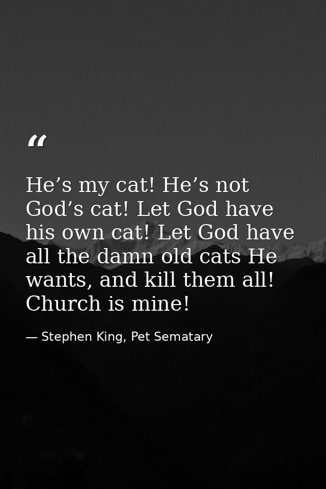 He’s my cat! He’s not God’s cat! Let God have his own cat! Let God have all the damn old cats He wants, and kill them al — Stephen King, Pet Sematary