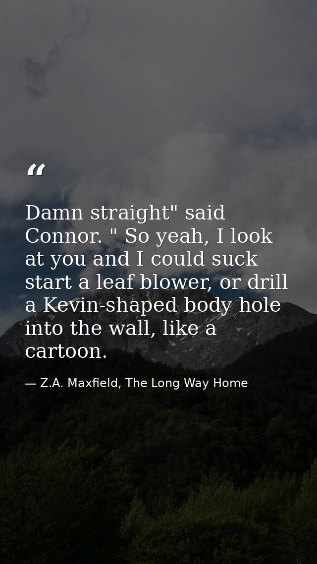 Damn straight" said Connor. " So yeah, I look at you and I could suck start a leaf blower, or drill a Kevin-shaped body  — Z.A. Maxfield, The Long Way Home