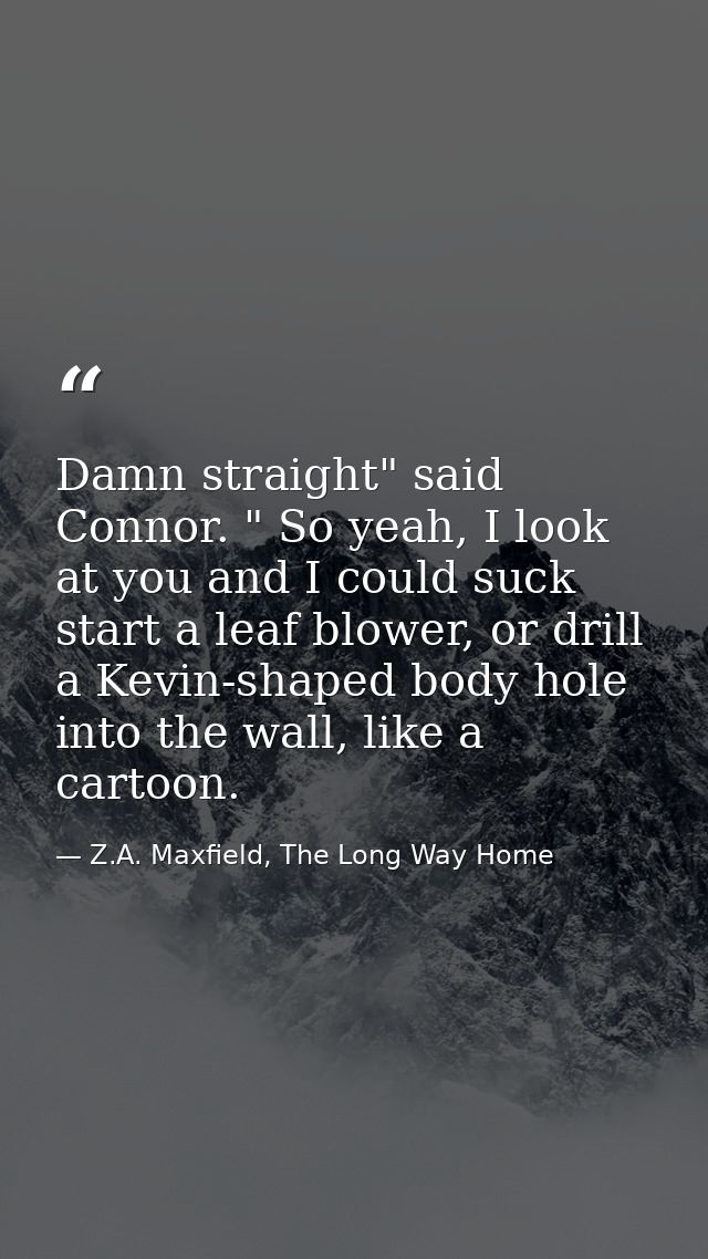 Damn straight" said Connor. " So yeah, I look at you and I could suck start a leaf blower, or drill a Kevin-shaped body  — Z.A. Maxfield, The Long Way Home