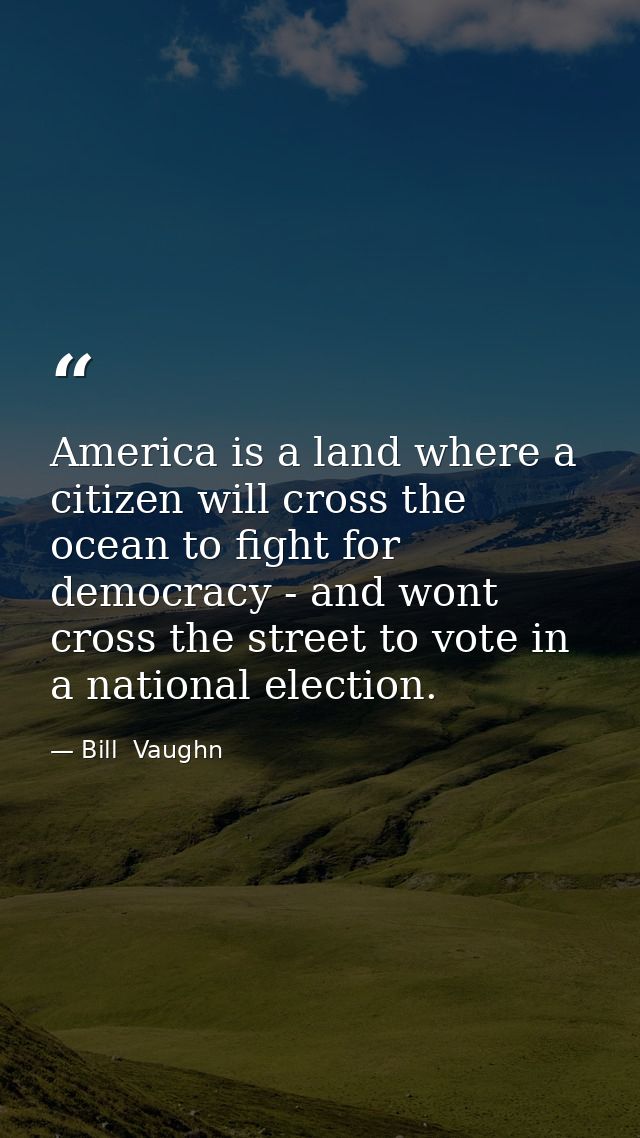 America is a land where a citizen will cross the ocean to fight for democracy - and wont cross the street to vote in a n — Bill  Vaughn