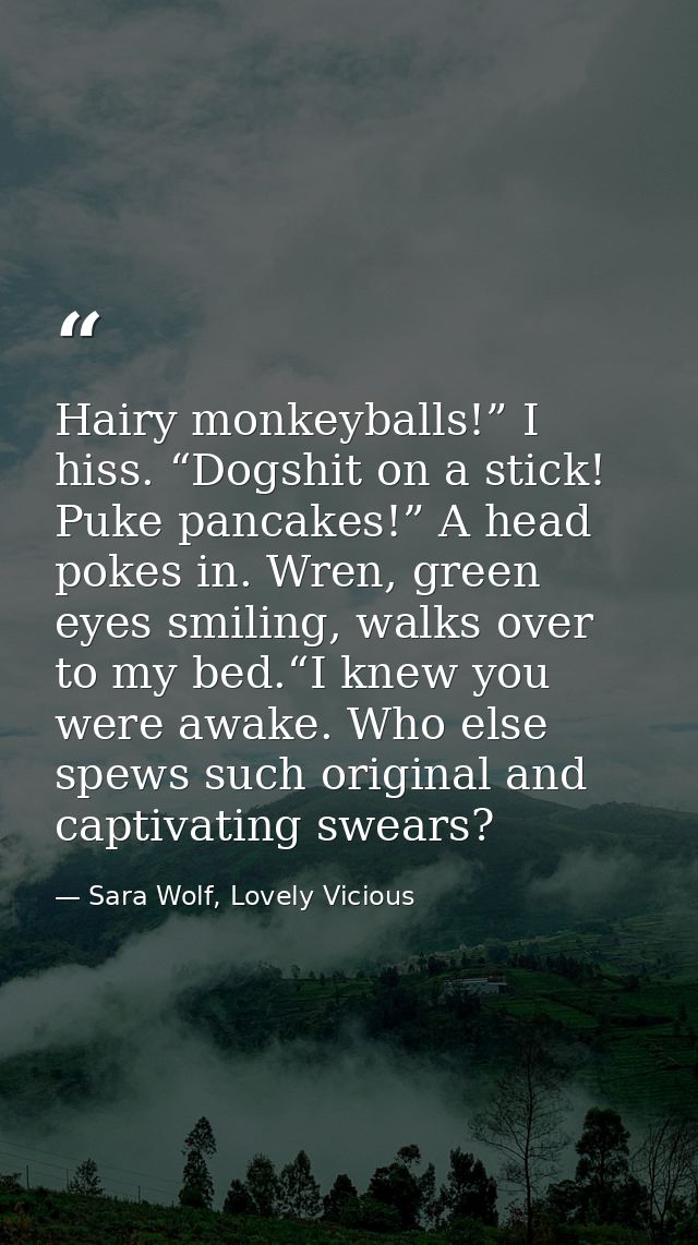 Hairy monkeyballs!” I hiss. “Dogshit on a stick! Puke pancakes!” A head pokes in. Wren, green eyes smiling, walks over t — Sara Wolf, Lovely Vicious