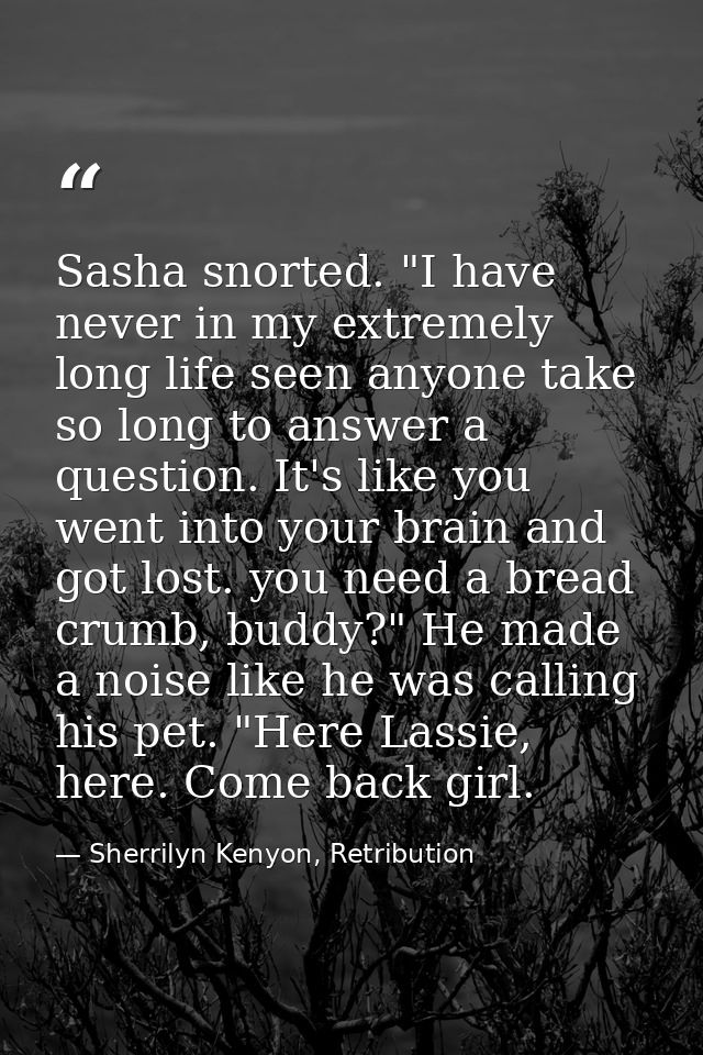 Sasha snorted. "I have never in my extremely long life seen anyone take so long to answer a question. It's like you went — Sherrilyn Kenyon, Retribution