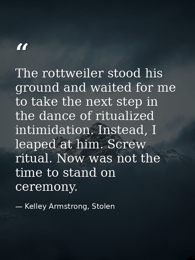 The rottweiler stood his ground and waited for me to take the next step in the dance of ritualized intimidation. Instead — Kelley Armstrong, Stolen