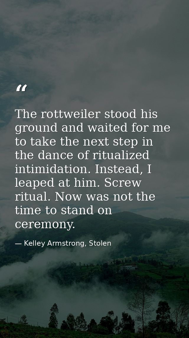 The rottweiler stood his ground and waited for me to take the next step in the dance of ritualized intimidation. Instead — Kelley Armstrong, Stolen