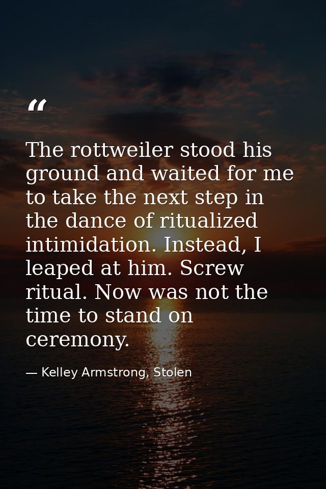 The rottweiler stood his ground and waited for me to take the next step in the dance of ritualized intimidation. Instead — Kelley Armstrong, Stolen