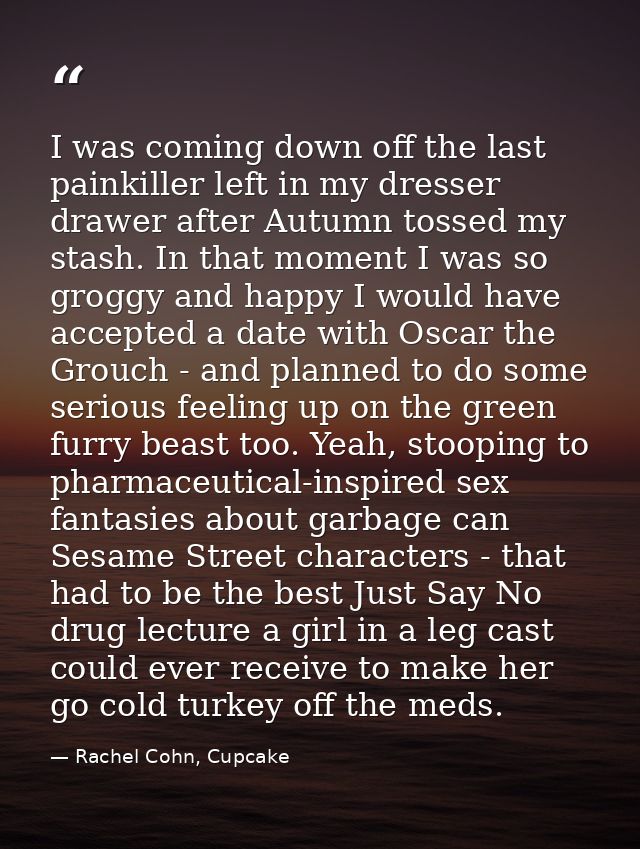I was coming down off the last painkiller left in my dresser drawer after Autumn tossed my stash. In that moment I was s — Rachel Cohn, Cupcake
