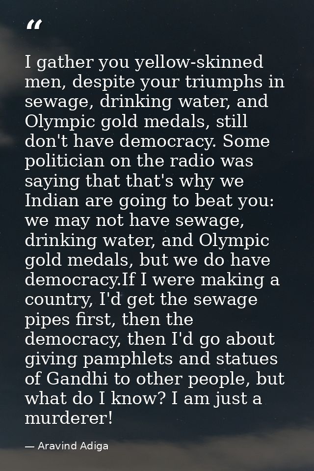 I gather you yellow-skinned men, despite your triumphs in sewage, drinking water, and Olympic gold medals, still don't h — Aravind Adiga