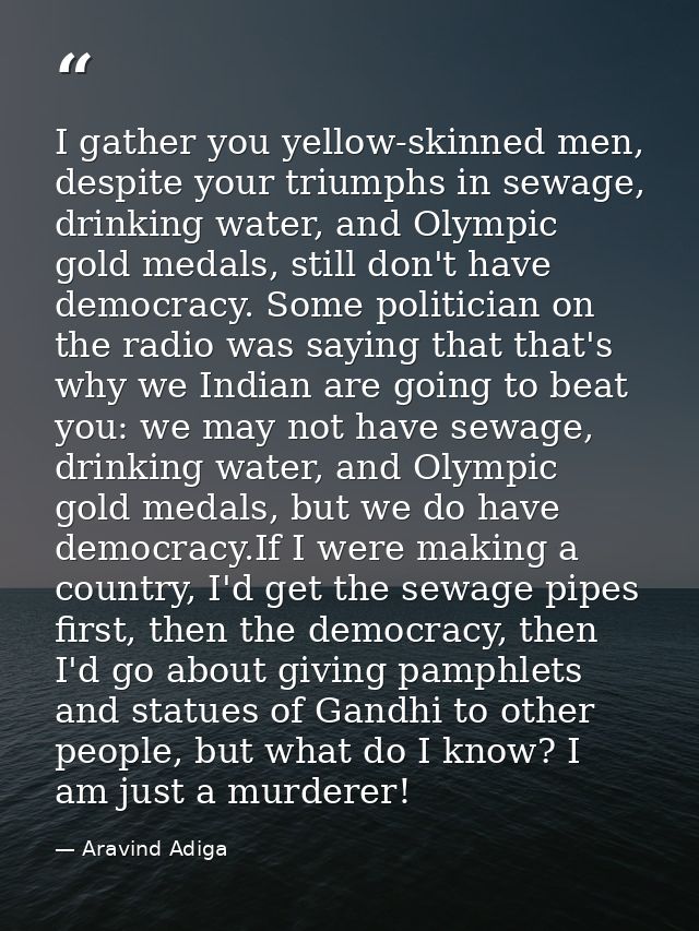 I gather you yellow-skinned men, despite your triumphs in sewage, drinking water, and Olympic gold medals, still don't h — Aravind Adiga