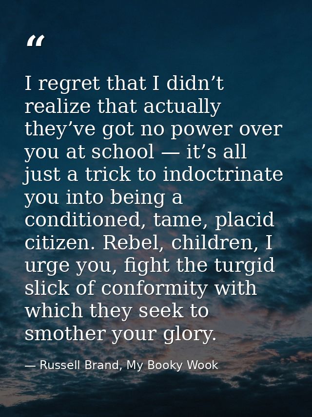 I regret that I didn’t realize that actually they’ve got no power over you at school — it’s all just a trick to indoctri — Russell Brand, My Booky Wook