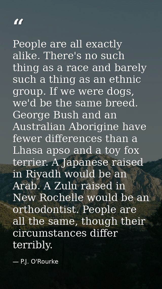 People are all exactly alike. There's no such thing as a race and barely such a thing as an ethnic group. If we were dog — P.J. O'Rourke