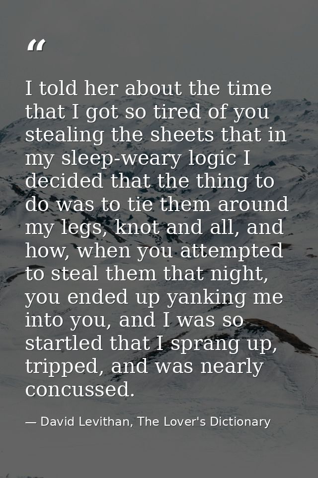 I told her about the time that I got so tired of you stealing the sheets that in my sleep-weary logic I decided that the — David Levithan, The Lover's Dictionary