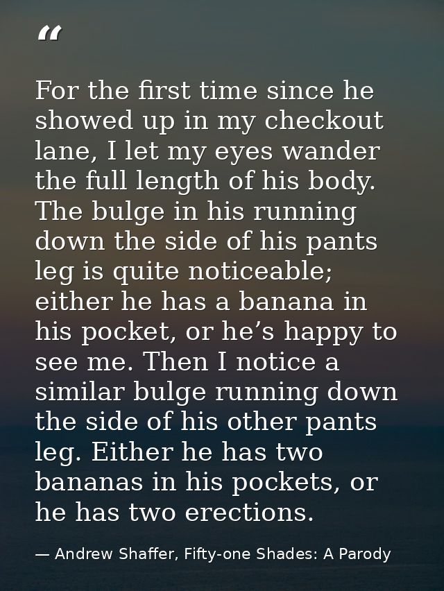 For the first time since he showed up in my checkout lane, I let my eyes wander the full length of his body. The bulge i — Andrew Shaffer, Fifty-one Shades: A Parody