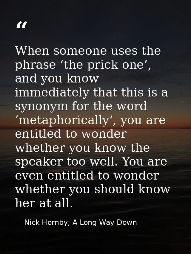 When someone uses the phrase ‘the prick one’, and you know immediately that this is a synonym for the word ‘metaphorical — Nick Hornby, A Long Way Down