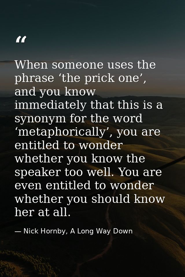 When someone uses the phrase ‘the prick one’, and you know immediately that this is a synonym for the word ‘metaphorical — Nick Hornby, A Long Way Down