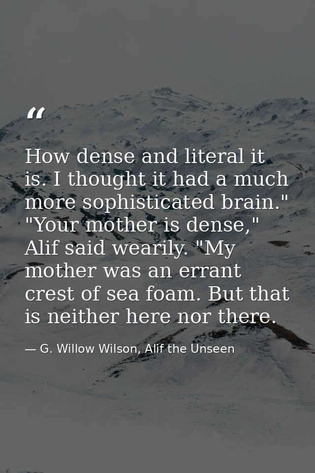 How dense and literal it is. I thought it had a much more sophisticated brain." "Your mother is dense," Alif said wearil — G. Willow Wilson, Alif the Unseen