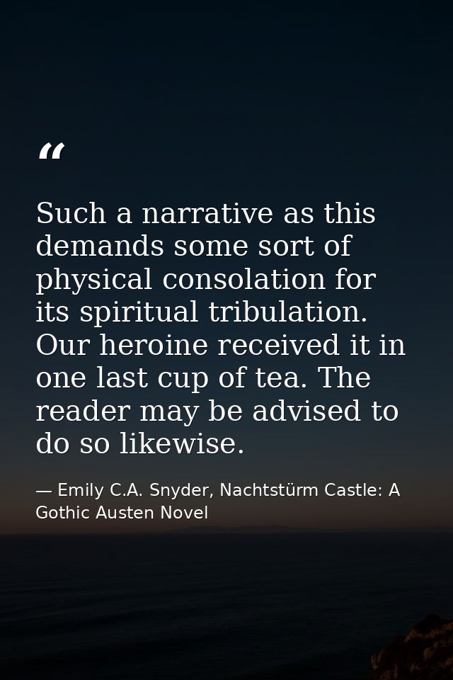Such a narrative as this demands some sort of physical consolation for its spiritual tribulation. Our heroine received i — Emily C.A. Snyder, Nachtstürm Castle: A Gothic Austen Novel