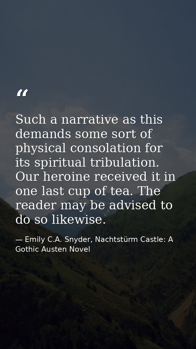 Such a narrative as this demands some sort of physical consolation for its spiritual tribulation. Our heroine received i — Emily C.A. Snyder, Nachtstürm Castle: A Gothic Austen Novel