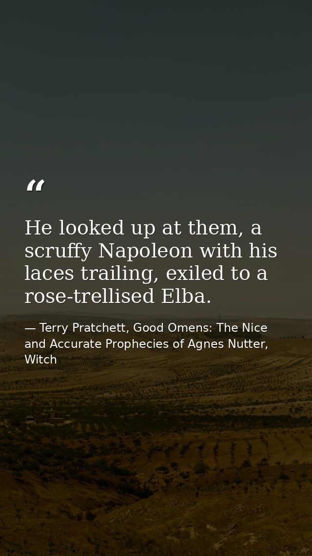 He looked up at them, a scruffy Napoleon with his laces trailing, exiled to a rose-trellised Elba. — Terry Pratchett, Good Omens: The Nice and Accurate Prophecies of Agnes Nutter, Witch