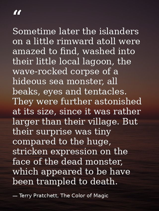 Sometime later the islanders on a little rimward atoll were amazed to find, washed into their little local lagoon, the w — Terry Pratchett, The Color of Magic